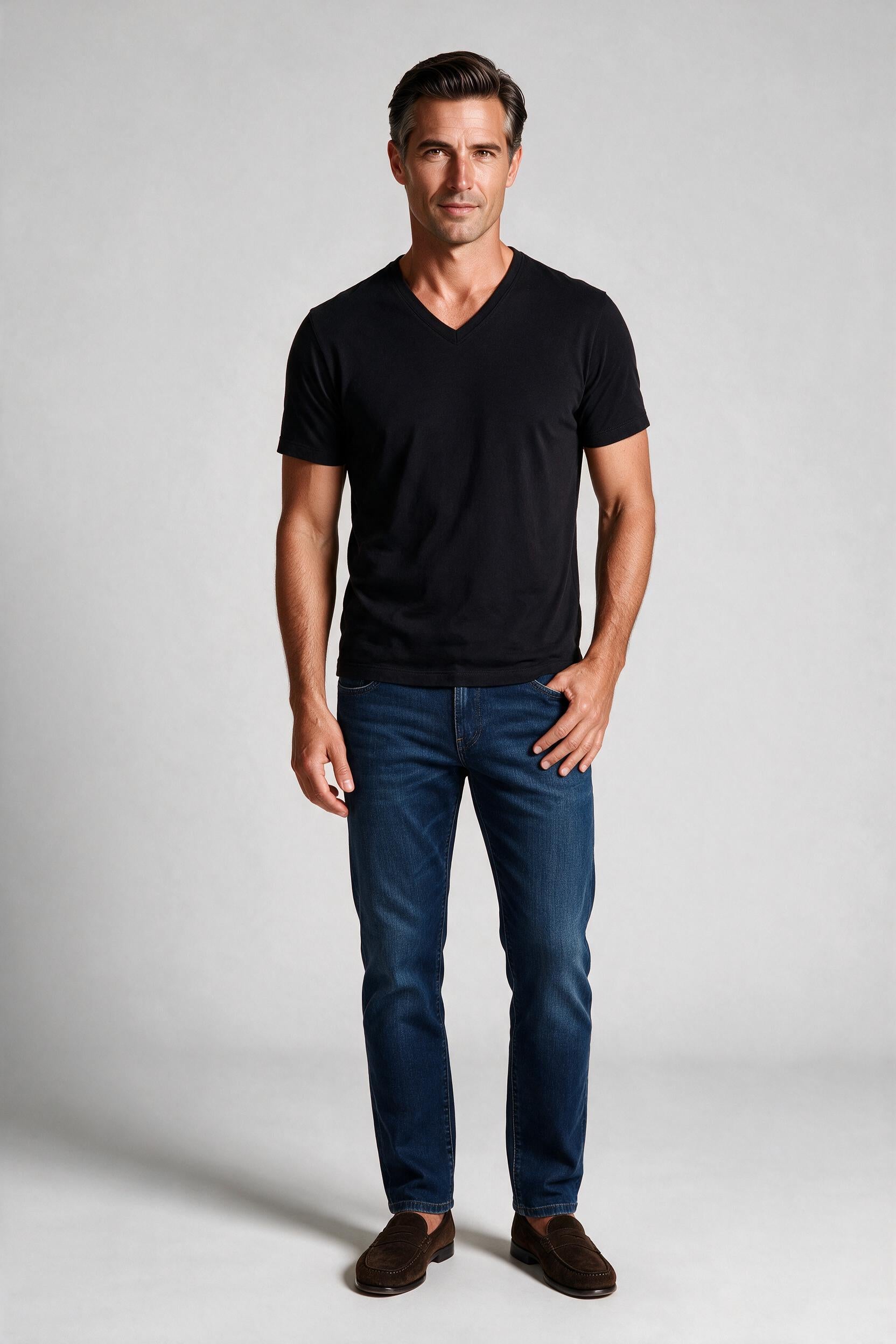 Raffi Aqua Cotton Noah V-Neck Tee in Black – on model #Color_Black