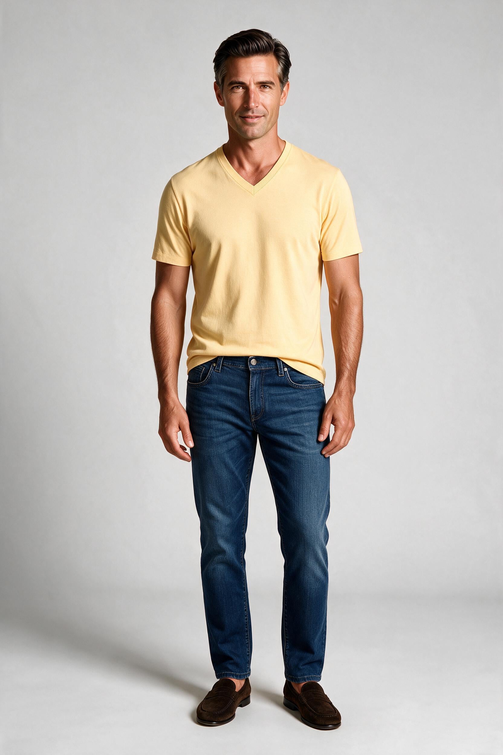Raffi Aqua Cotton Noah V-Neck Tee in Butter – on model #Color_Butter