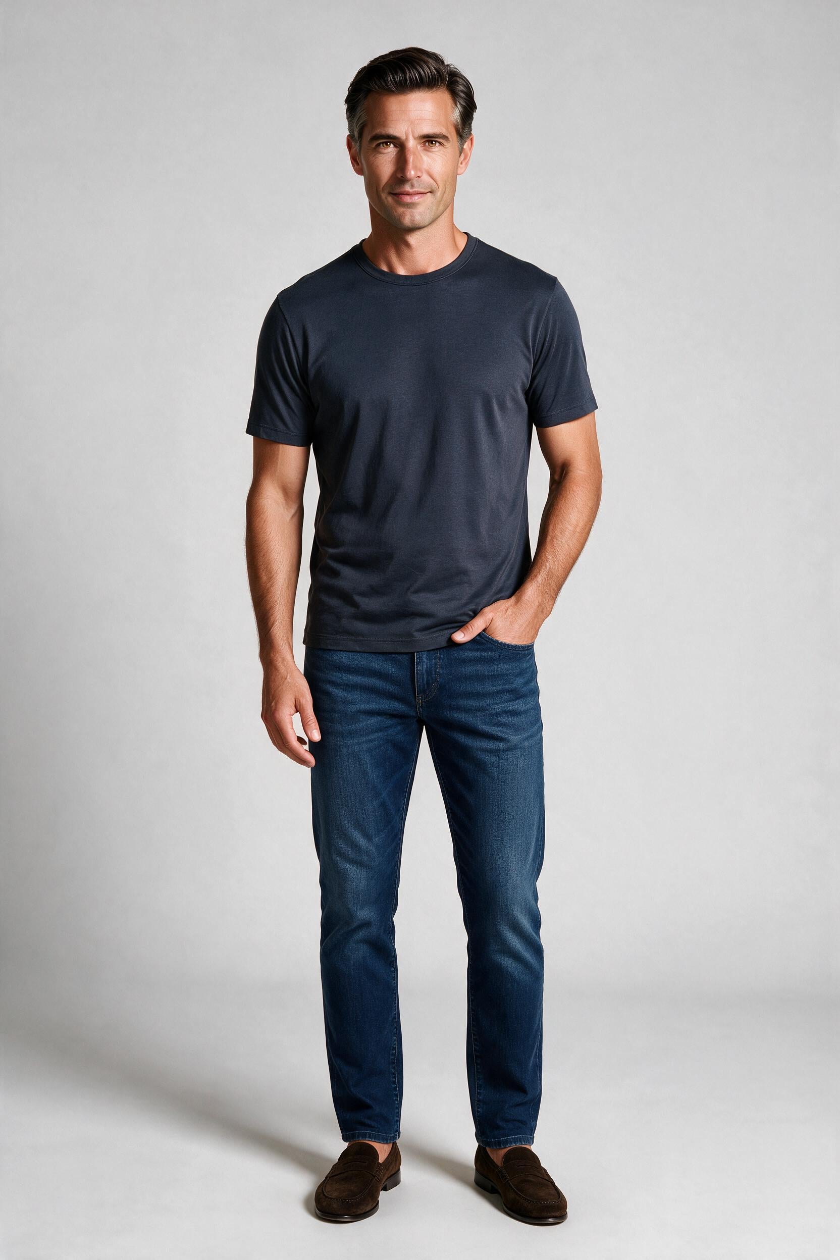 Raffi Aqua Cotton Lafayette Crew Neck Tee in Carbon – on model #Color_Carbon
