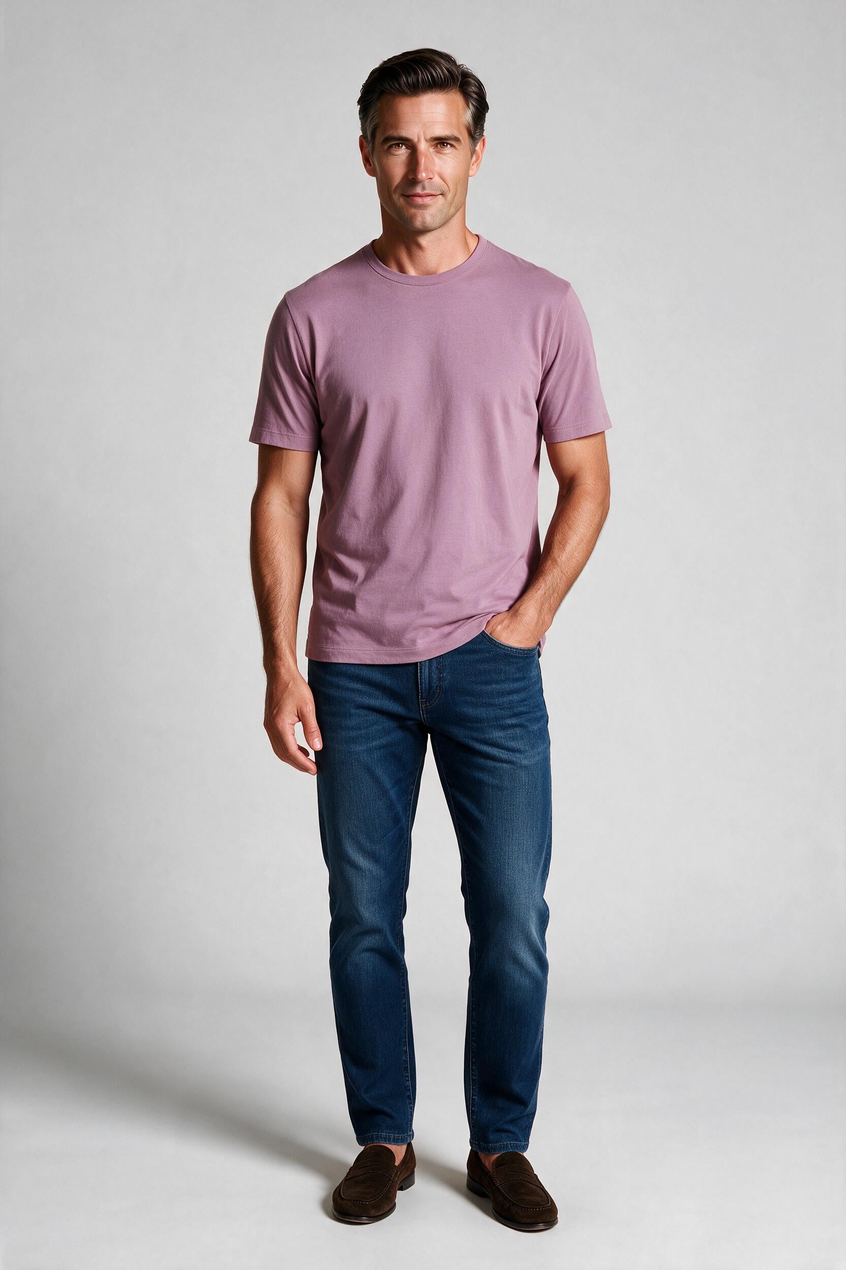 Raffi Aqua Cotton Lafayette Crew Neck Tee in Lilac – on model #Color_Lilac