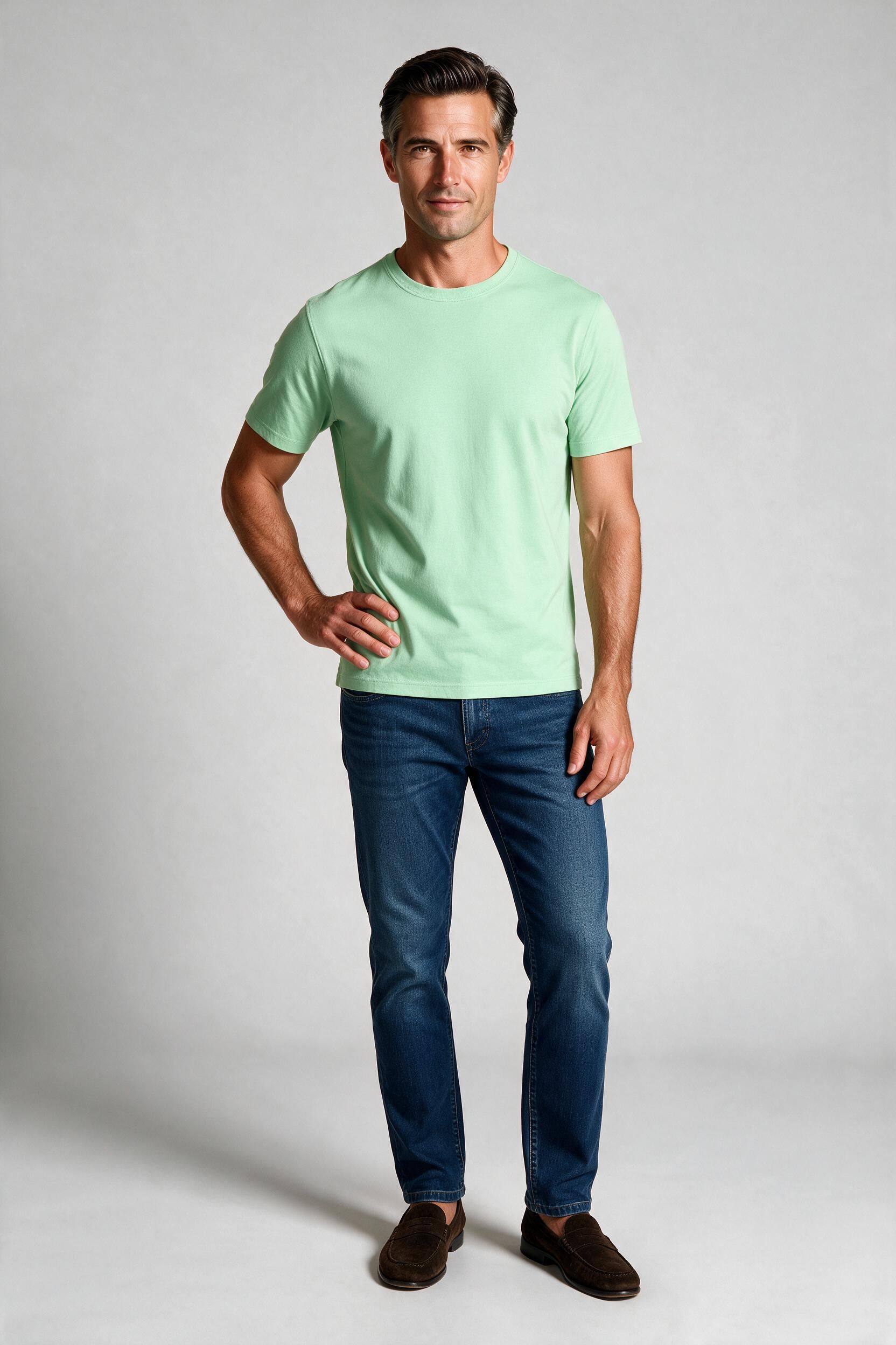 Raffi Aqua Cotton Lafayette Crew Neck Tee in Mint – on model #Color_Mint