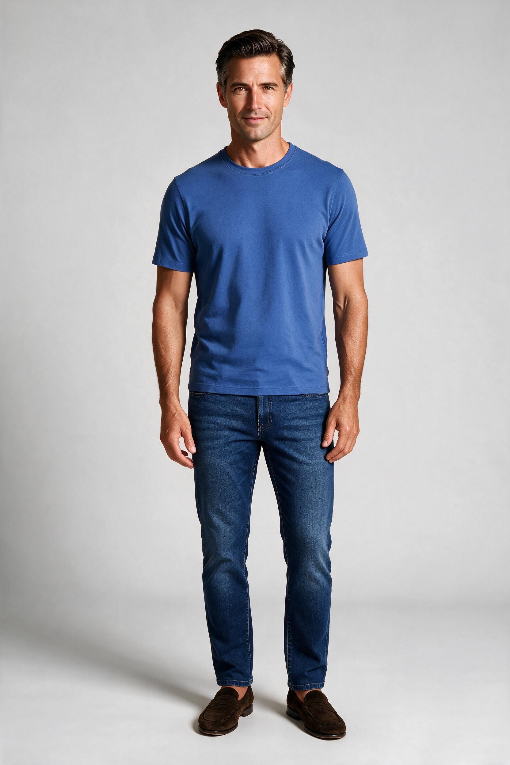 Raffi Aqua Cotton Lafayette Crew Neck Tee in Pool – on model #Color_Pool