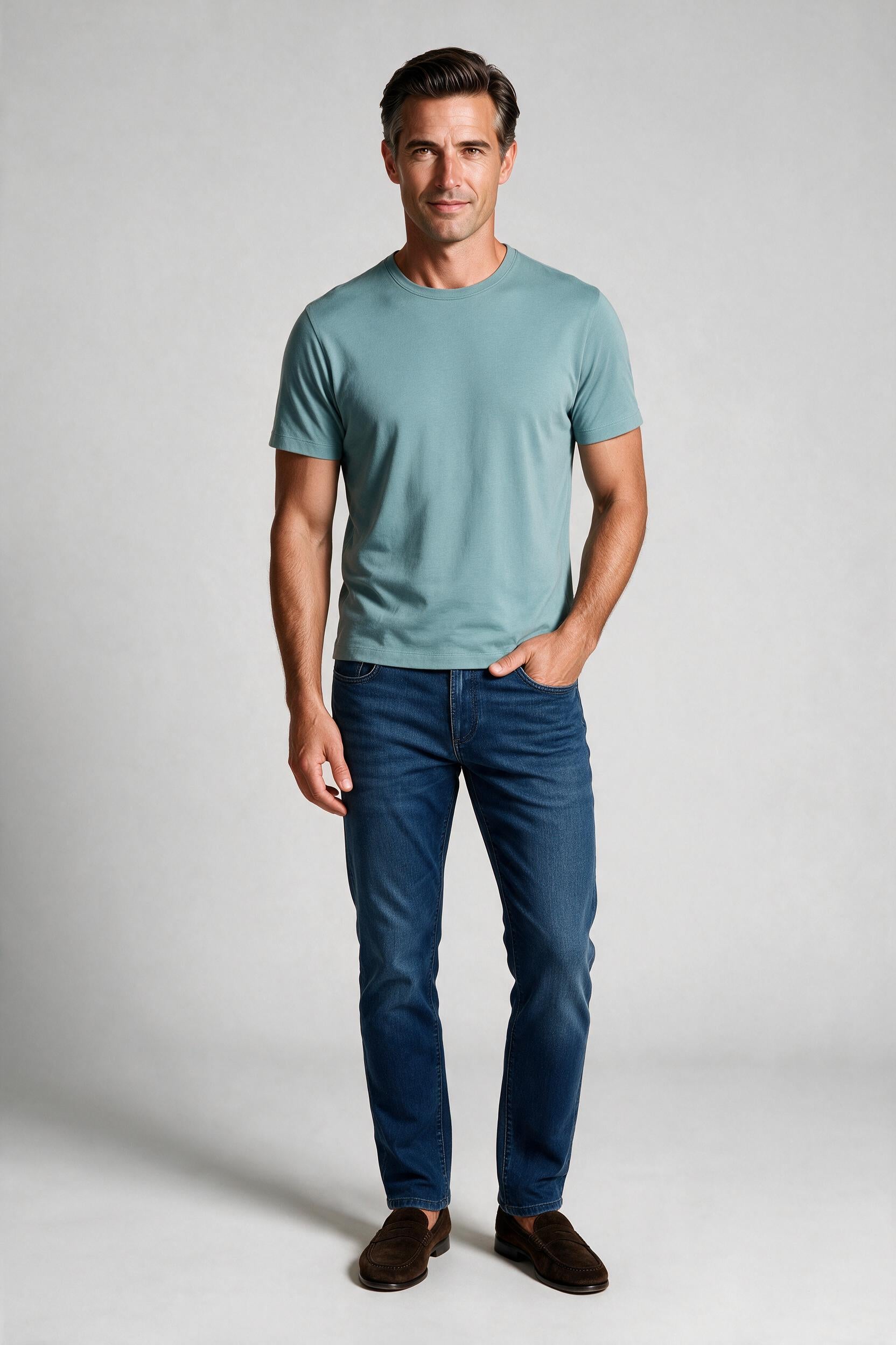 Raffi Aqua Cotton Lafayette Crew Neck Tee in Seaglass – on model #Color_Seaglass