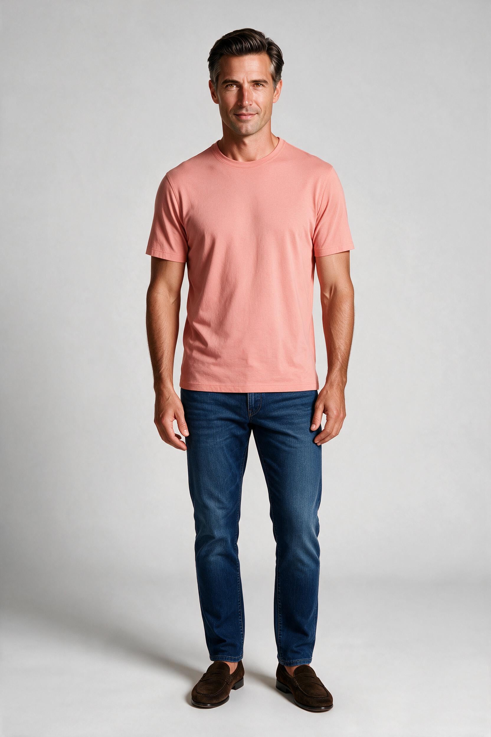 Raffi Aqua Cotton Lafayette Crew Neck Tee in Sorbet – on model #Color_Sorbet