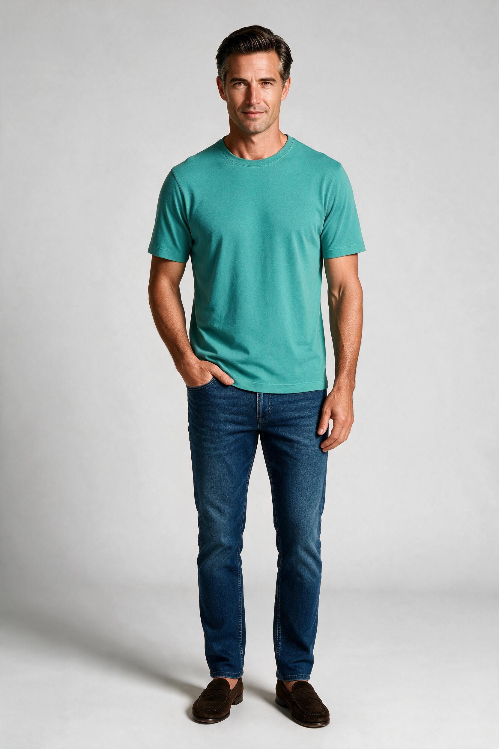 Raffi Aqua Cotton Lafayette Crew Neck Tee in Spearmint – on model #Color_Spearmint
