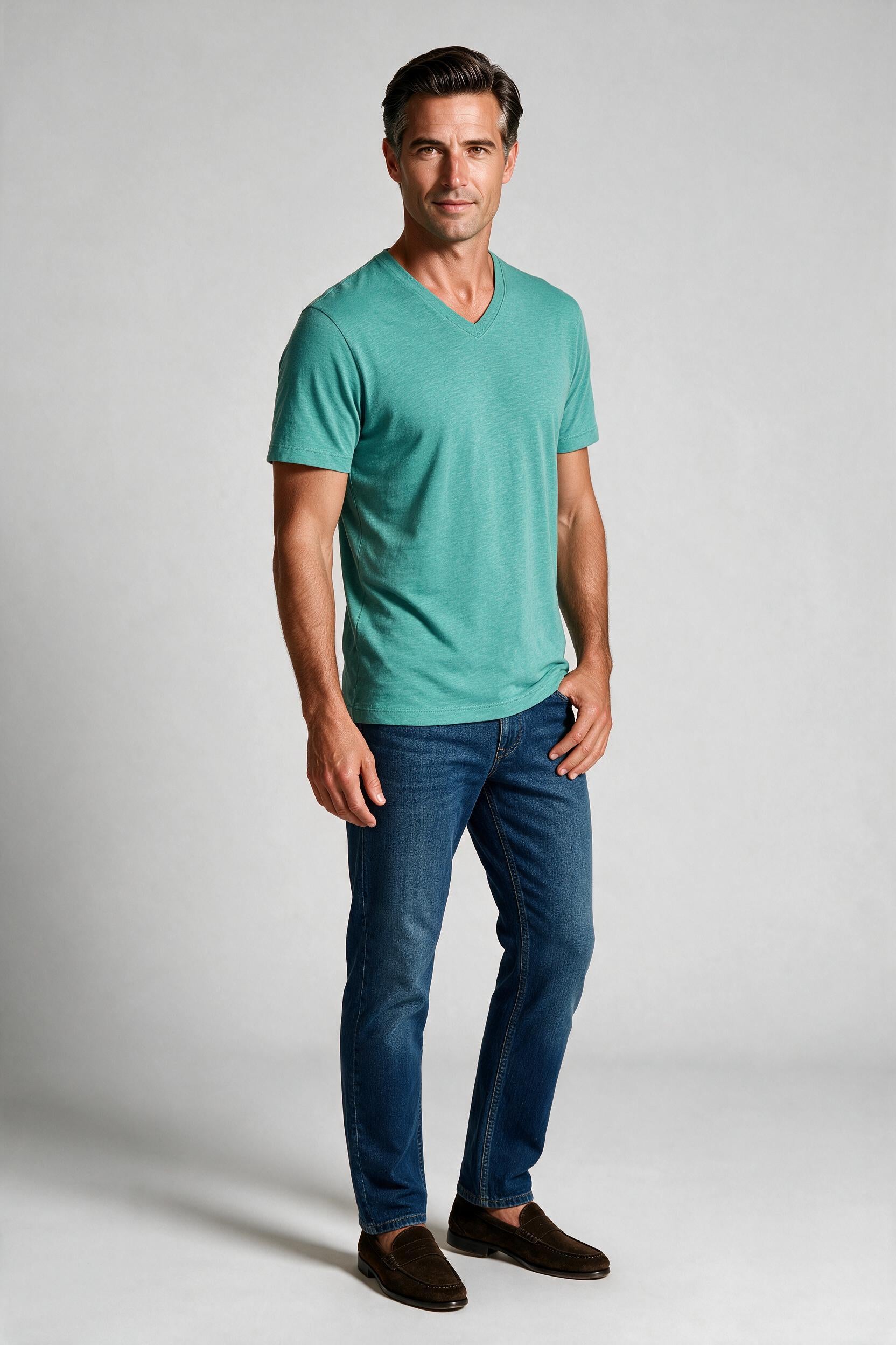 Raffi Aqua Cotton Noah V-Neck Tee in Spearmint – on model #Color_Spearmint