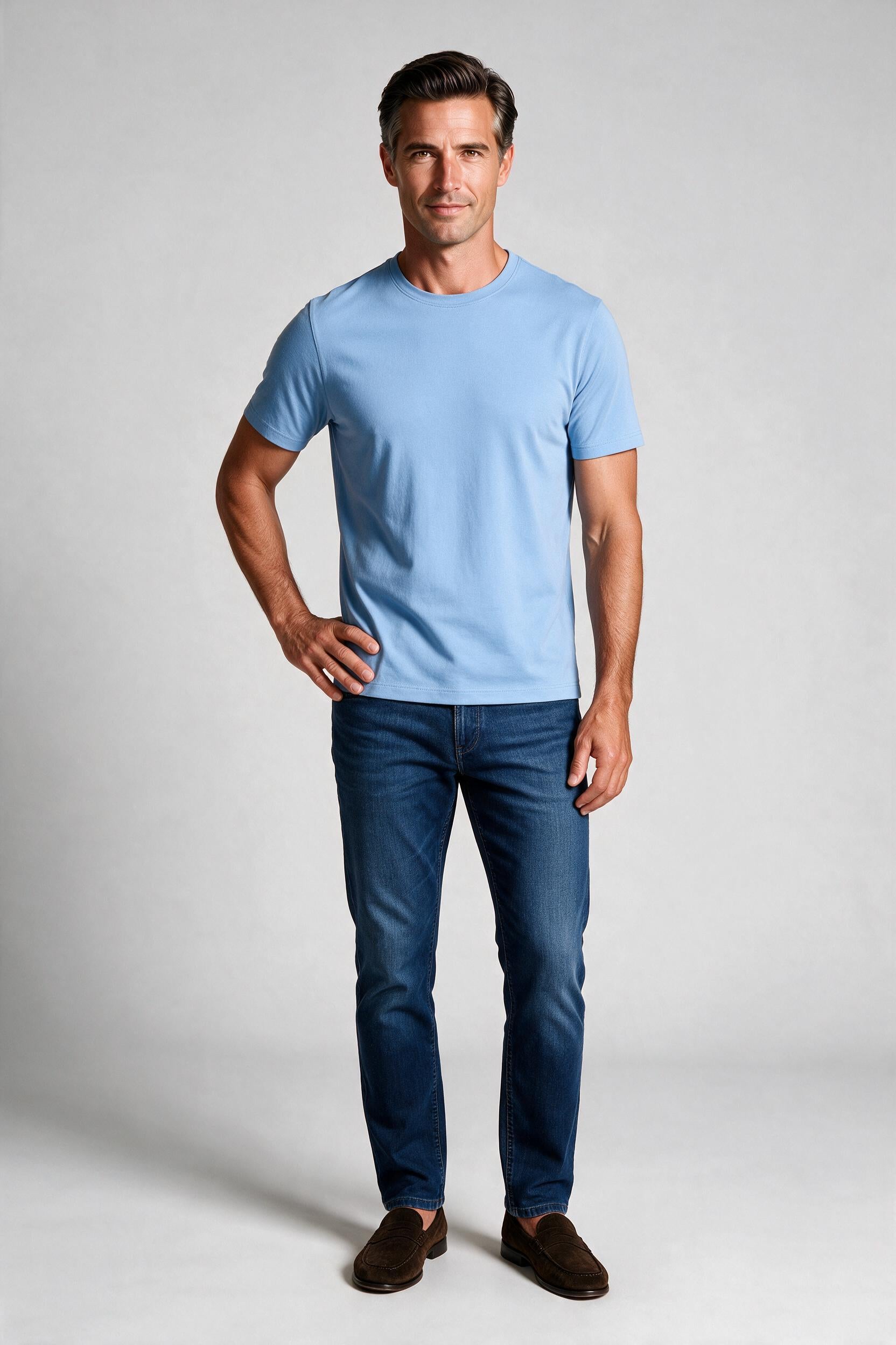 Raffi Aqua Cotton Lafayette Crew Neck Tee in Water – on model #Color_Water