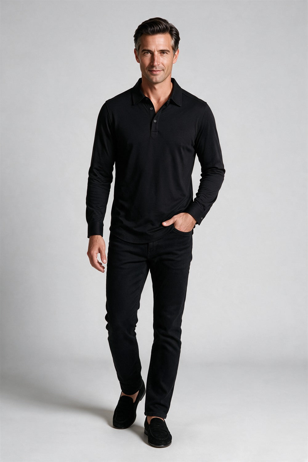 Raffi Aqua Cotton Riviera Polo in Black – on model #Color_Black