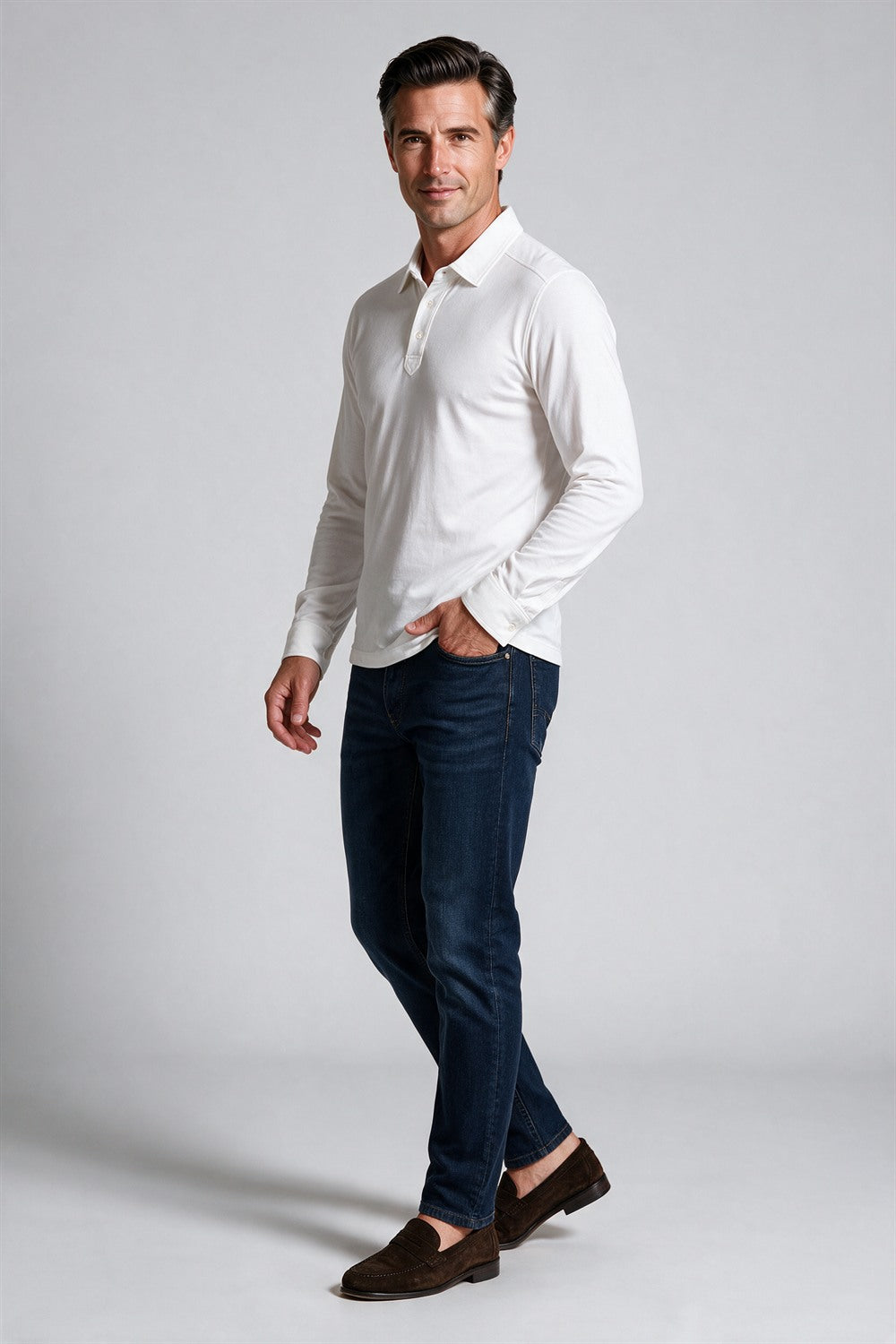 Raffi Aqua Cotton Riviera Polo in White – on model #Color_White