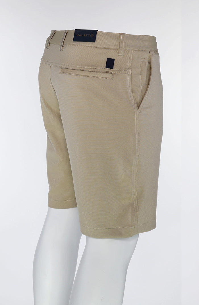 Halsey Breakwater Men’s Shorts in Light Camel Stripe with Hidden Zipper Pockets Back Angled View