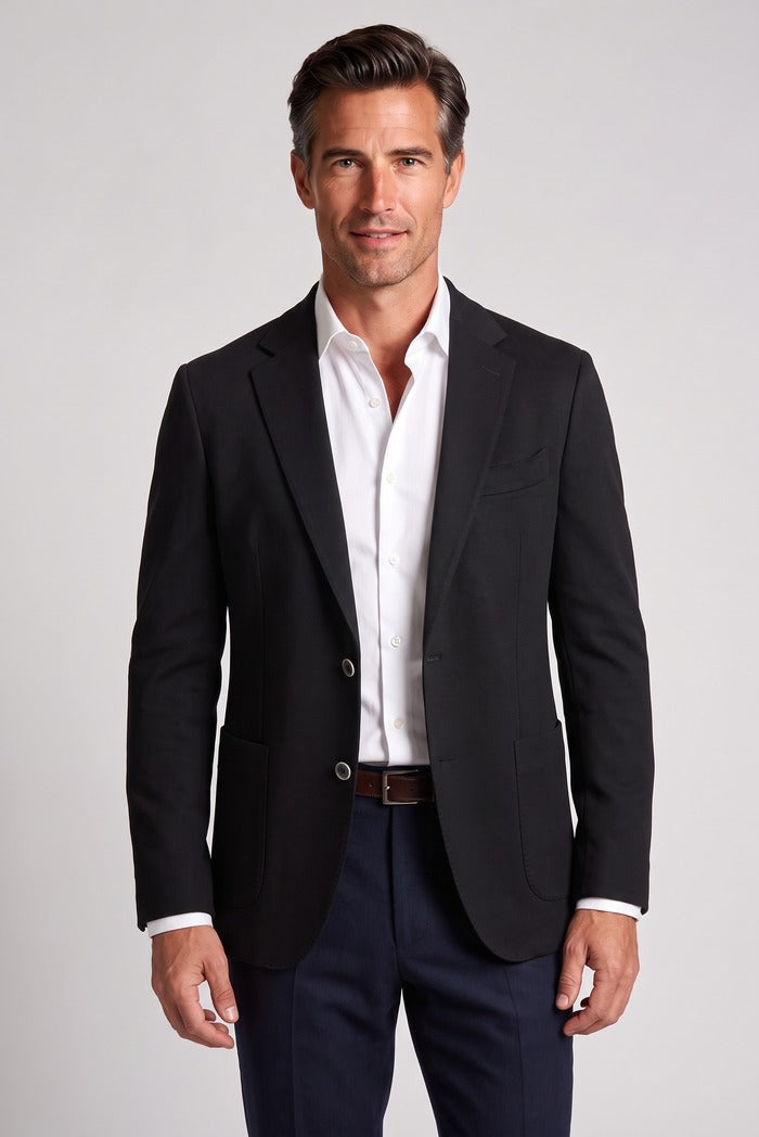 Sixty One Reda Wool & Cashmere Sport Coat, Black – worn by model, close-up