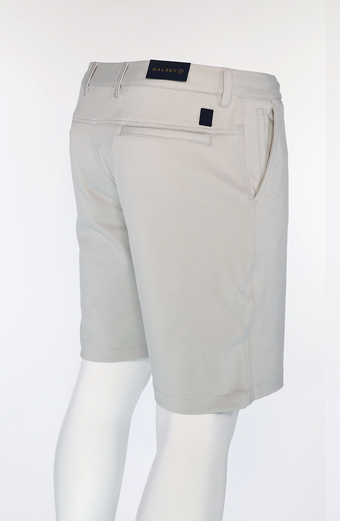 Halsey Breakwater Men’s Shorts in Silver Stripe with Hidden Zipper Pockets Back Angled View