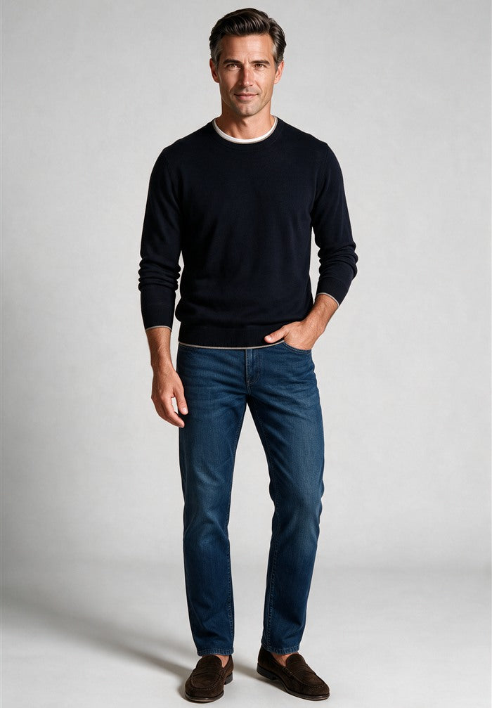 Paul & Shark Soft Piuma Crewneck, Navy — worn with denim