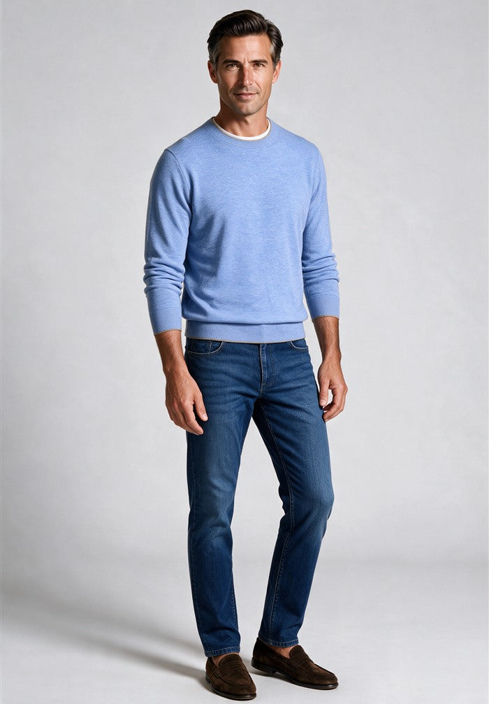 Paul & Shark Soft Piuma Crewneck, Light Blue — worn with denim