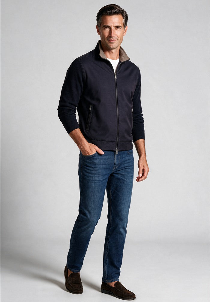Paul & Shark Merino Extrafine Rain System Hybrid, Navy/Taupe — worn with denim