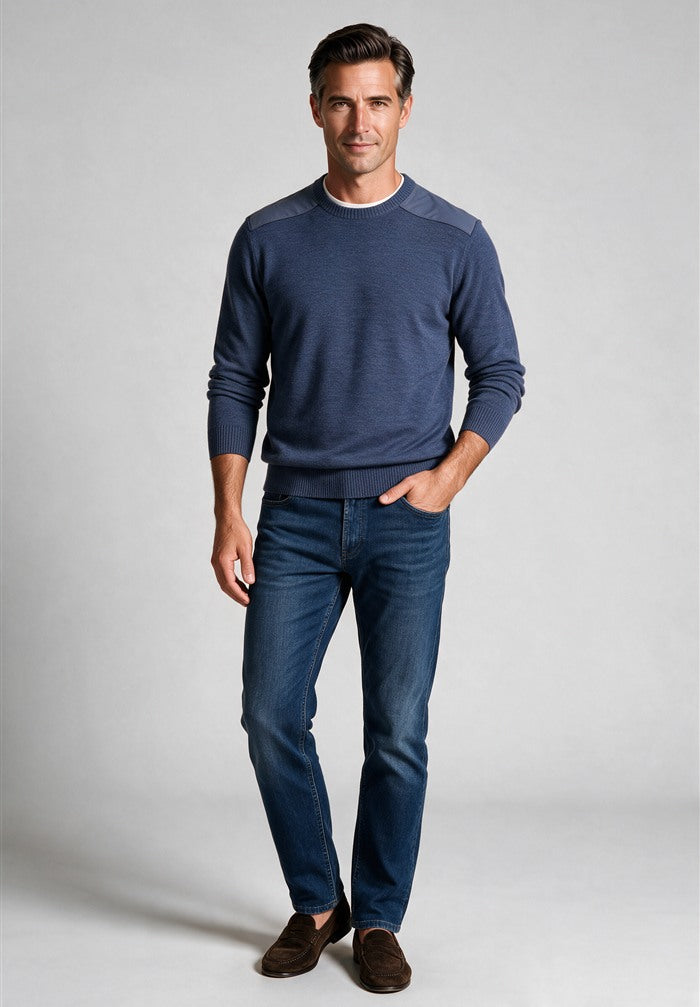 Paul & Shark Typhoon Re4x4 Crewneck, Cadet Blue — worn with denim