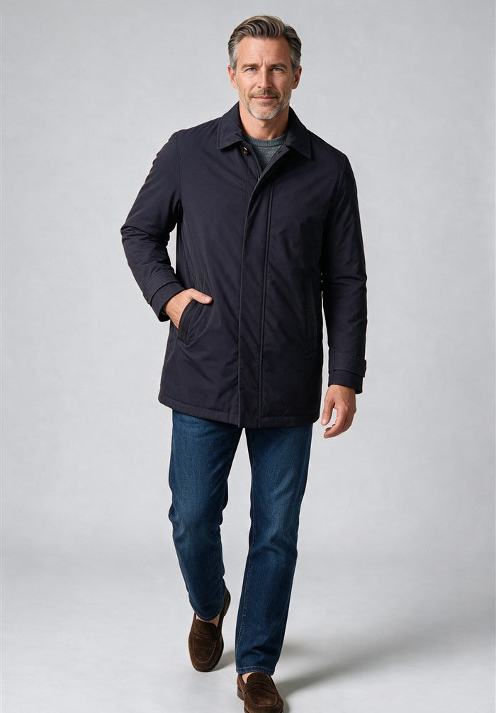Paul & Shark Typhoon Platinum Carcoat, Blue — worn with denim