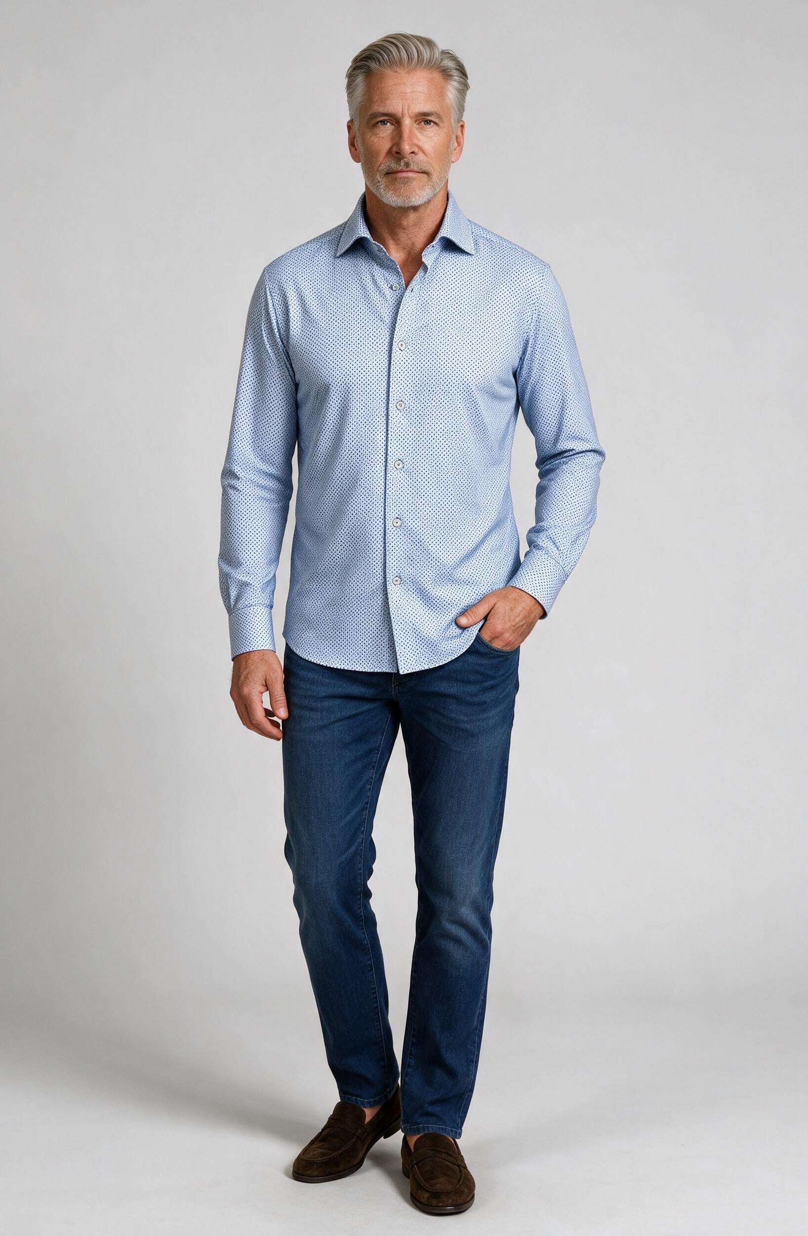 Marcello Dotted Blues Long Sleeve Shirt — worn with denim
