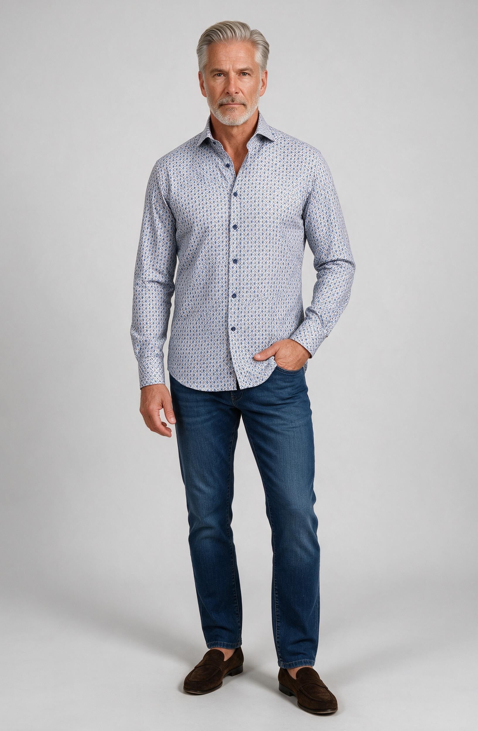 Marcello Rotated Indigo Long Sleeve Shirt — worn with denim