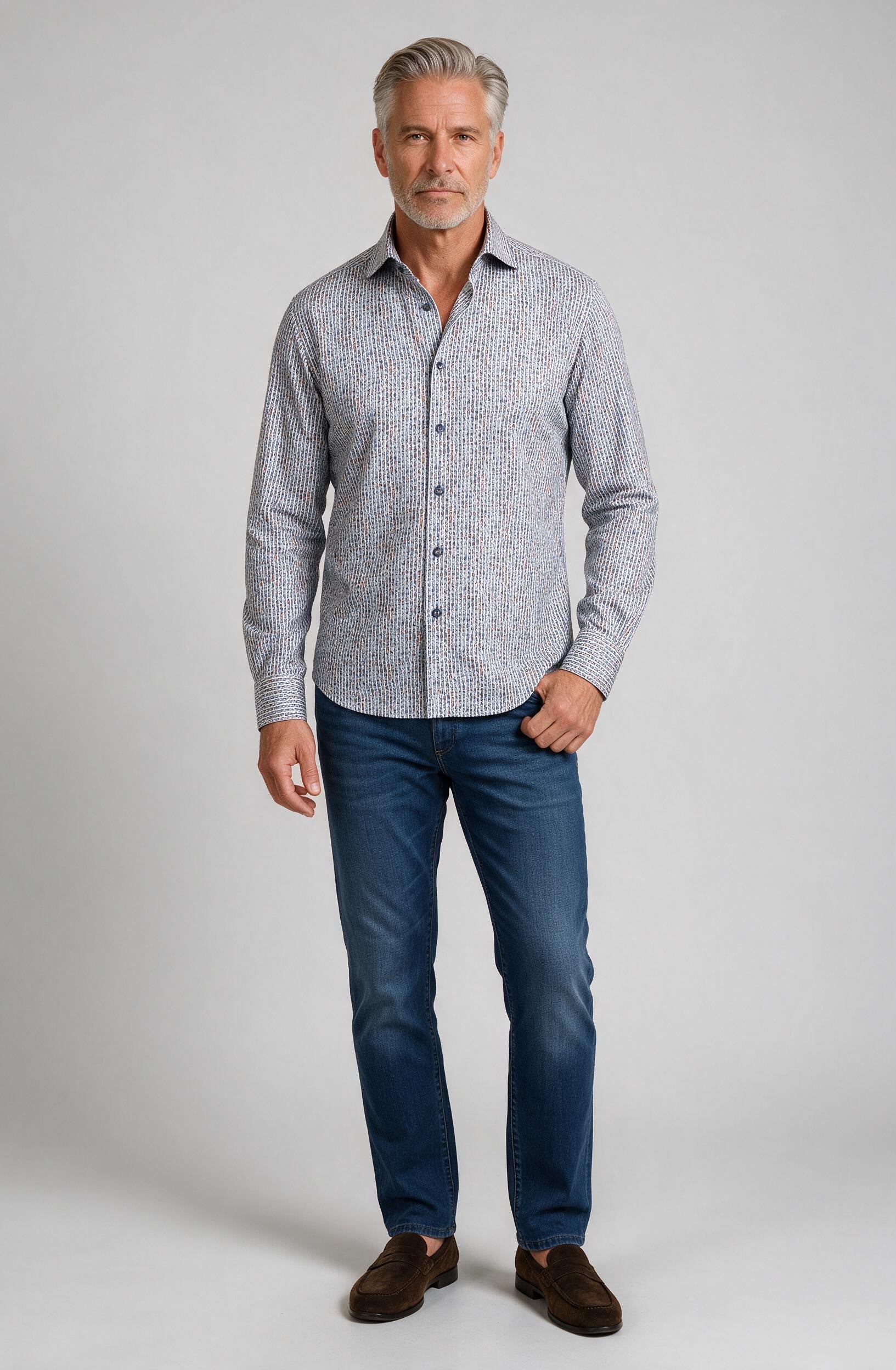 Marcello Vertical Ovals Long Sleeve Shirt — worn with denim