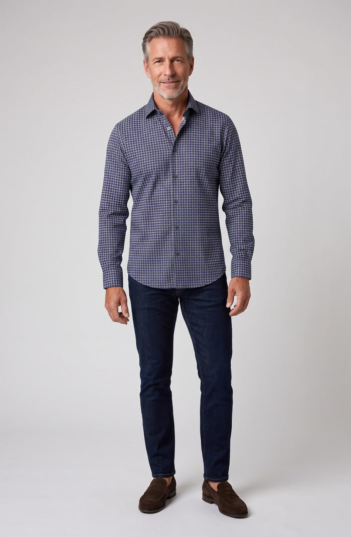 Marcello Circle Medallion Long Sleeve Shirt, Navy — worn with denim