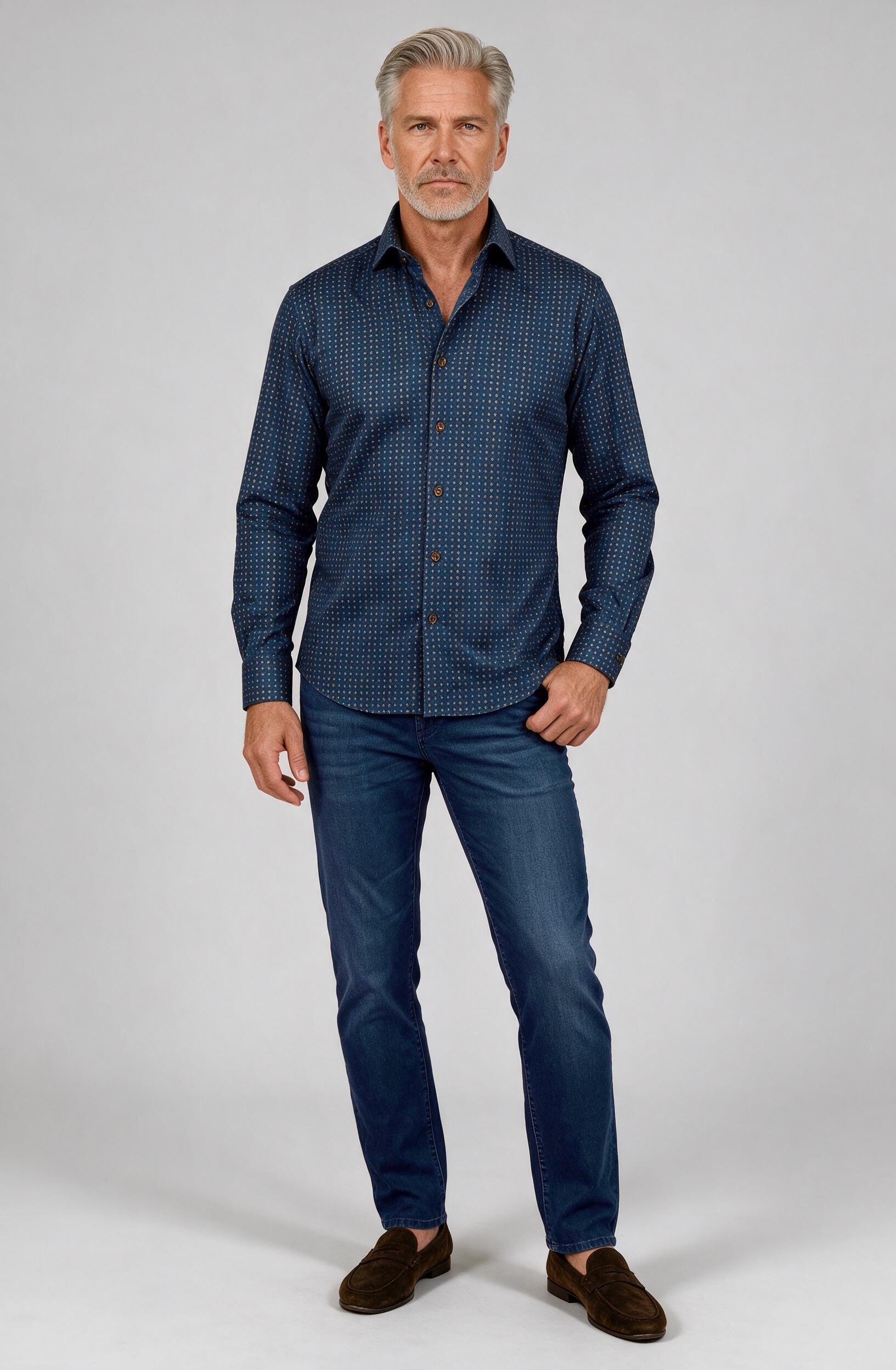 Marcello Fusion Array Long Sleeve Shirt — worn with denim