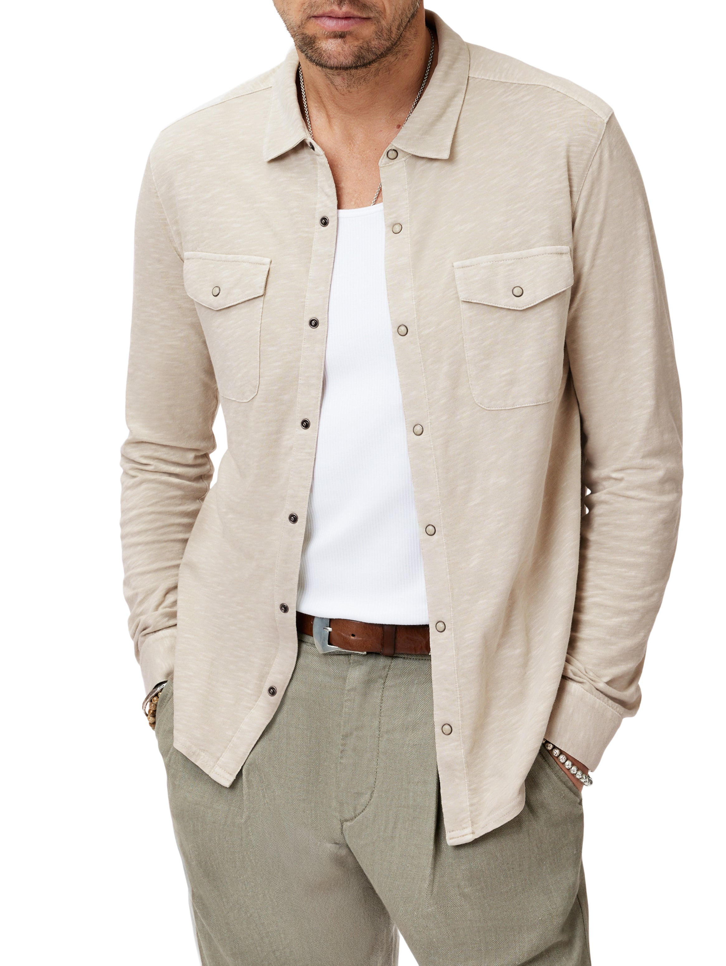John Varvatos Men's Arvon Long Sleeve Knit Western Shirt In Almond On Model- Mondo Uomo