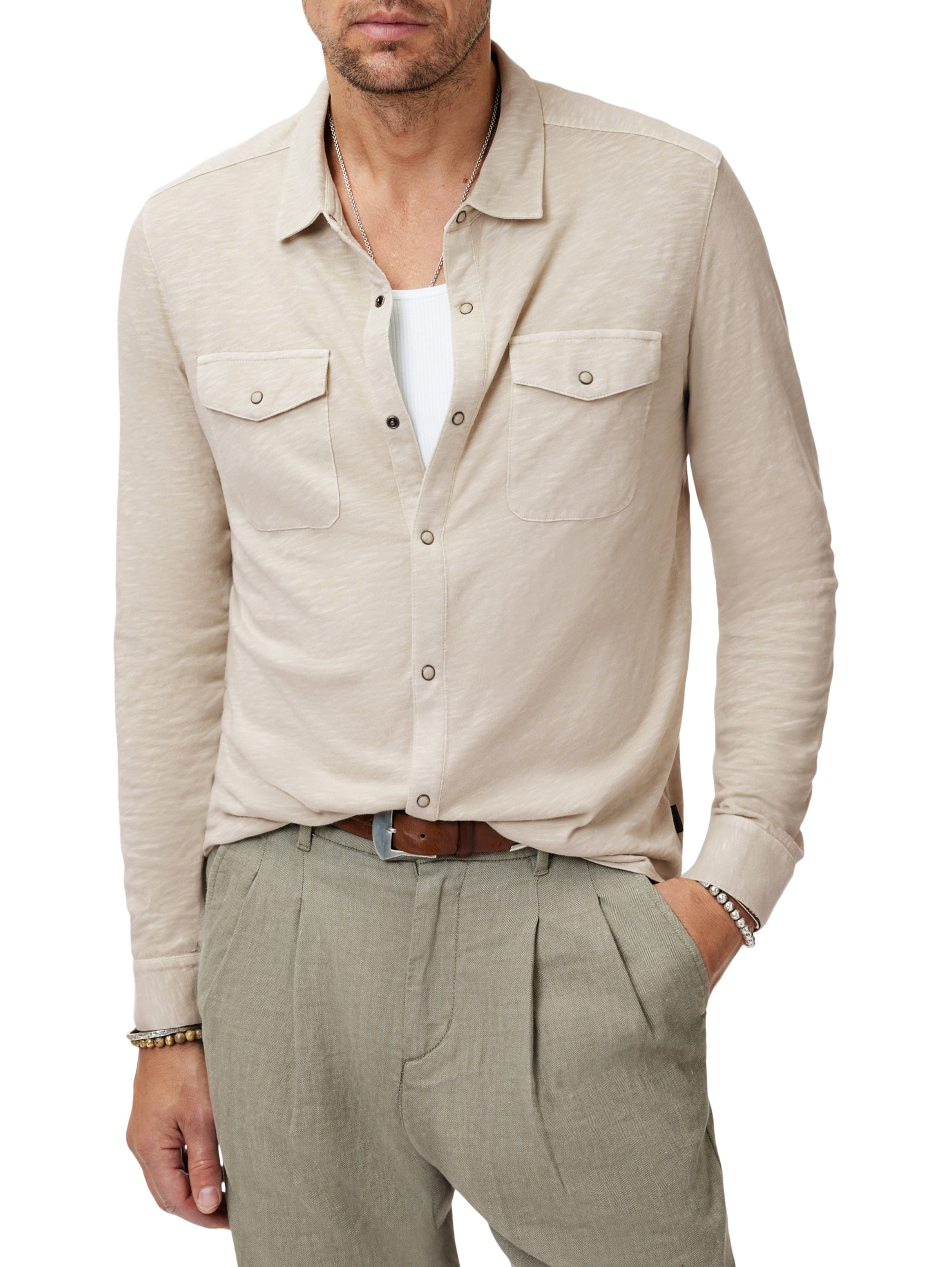 John Varvatos Men's Arvon Long Sleeve Knit Western Shirt In Almond On Model - Arvon