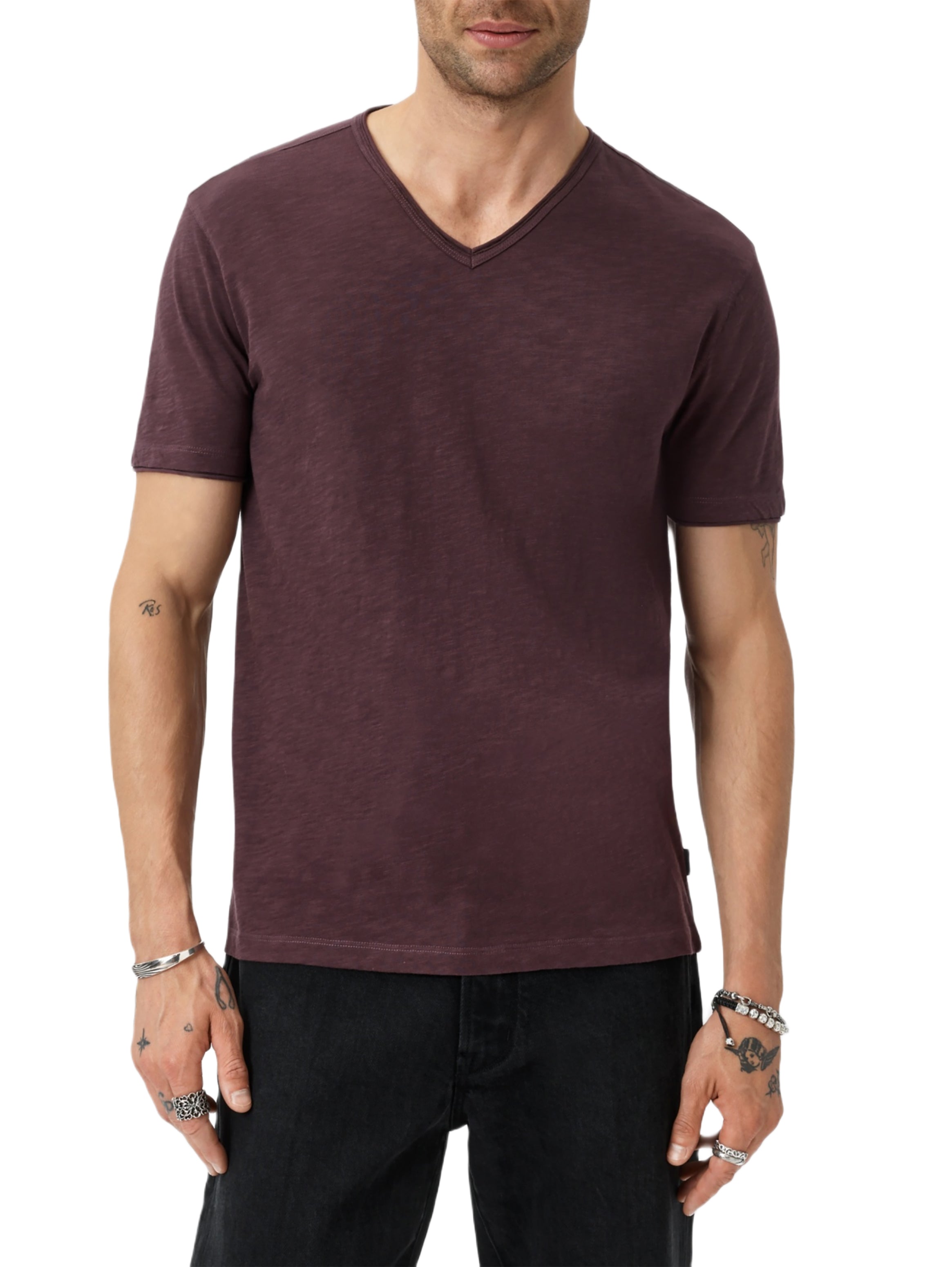 John Varvatos Miles Slub V-Neck - Cut Raw Edge - Mondo Uomo - Plum - Model View - K3595W25
