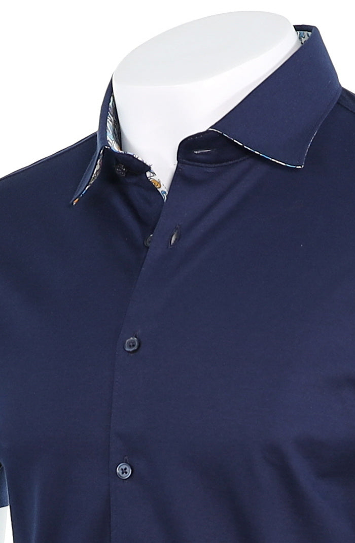 Desoto Men’s Navy Short Sleeve Jersey Shirt with Adjustable One-Button Cuff Close Up