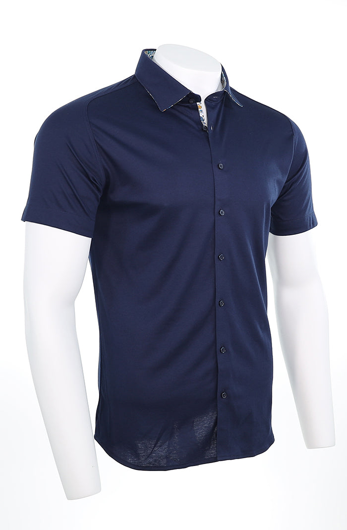 Desoto Men’s Short Sleeve Navy Cotton Jersey Shirt with Raglan Sleeves Angled View