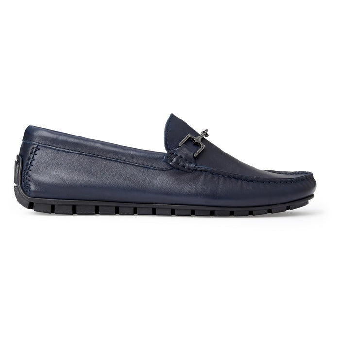Men’s Bruno Magli Navy Xander Driver Moccasins with Genuine Rubber Sole Side View