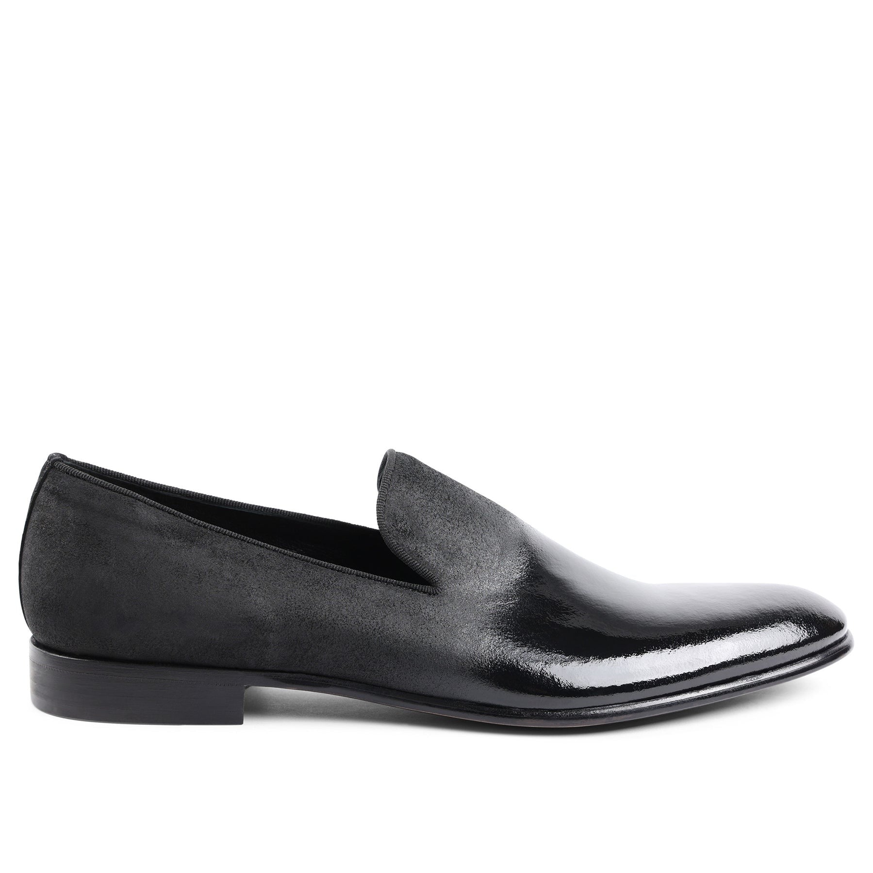Men’s Bruno Magli Monet Tuxedo Slipper in Black Suede and Leather with Low Heel Side View