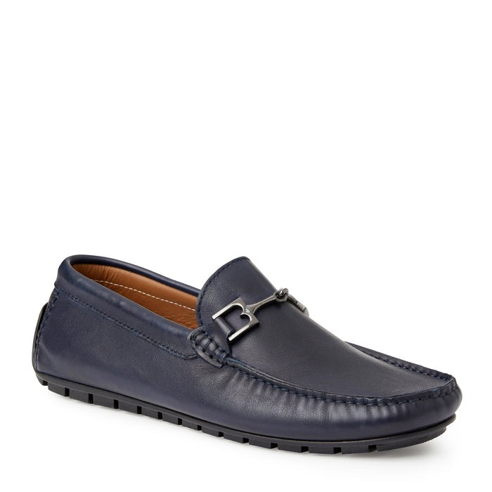 Bruno Magli Xander Driver Men’s Moccasin Loafers in Navy Calf Leather with Horse Bit Ornament – Mondo Uomo