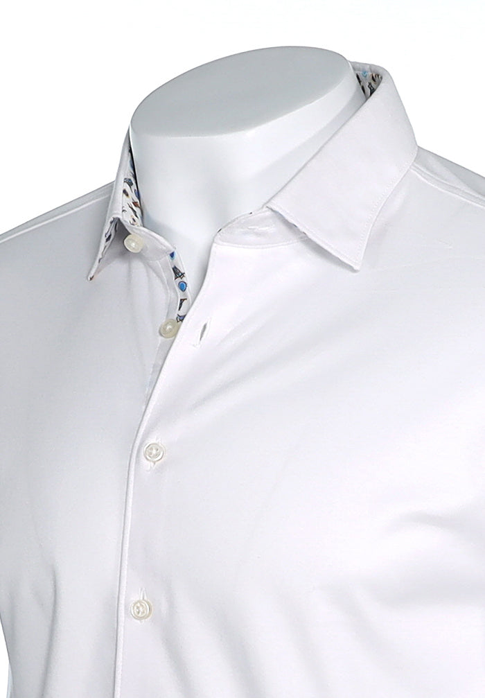 Desoto Men’s White Jersey Shirt with Adjustable One-Button Cuff Close Up