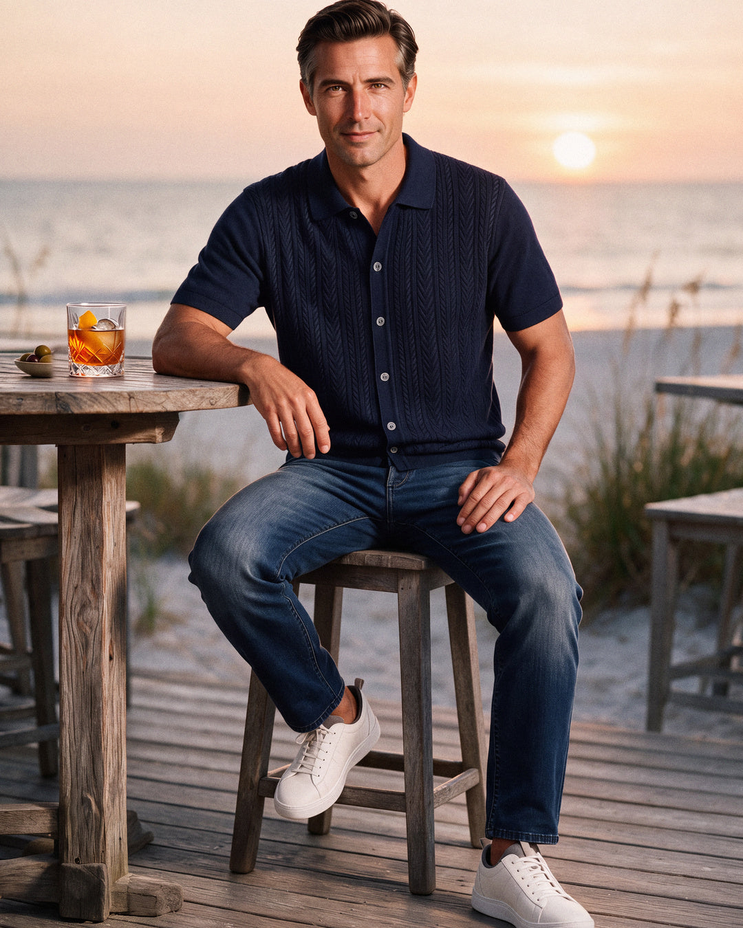 Navy cable-knit button-front shirt with indigo jeans and white sneakers on a beach deck at sunset, Captiva Island