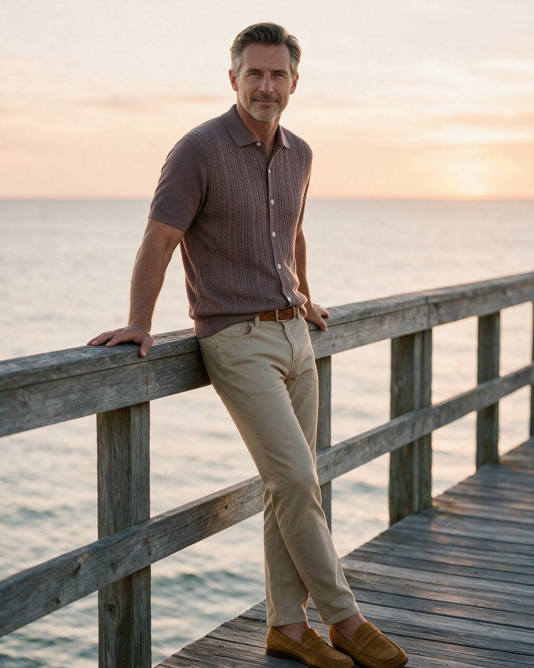 Bugatchi walnut cable knit with Alberto khaki colored denim at sunset on a wooden pier