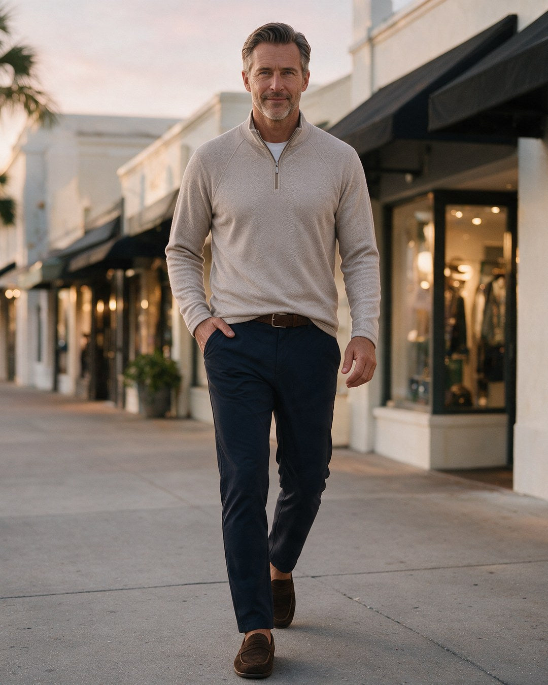 Bugatchi limestone chevron quarter-zip with Alberto navy performance pants on a palm-lined shopping street at dusk