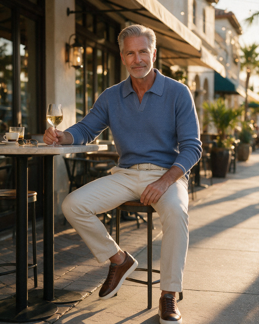 Paul & Shark blue knit polo with Alberto off-white trousers and Martin Dingman sneakers at a Naples high-top