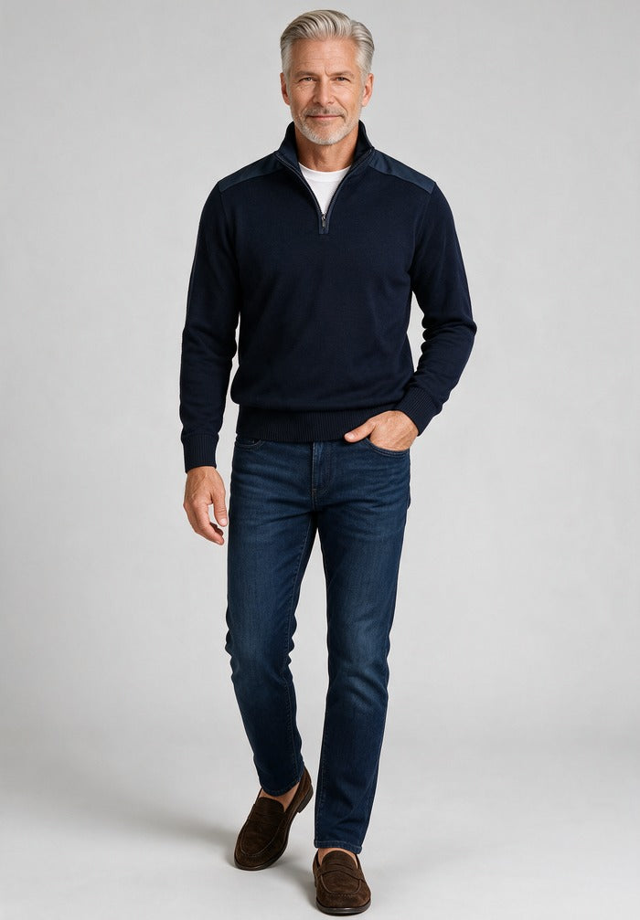 Paul & Shark Typhoon Wool Half Zip Sweater — worn with denim