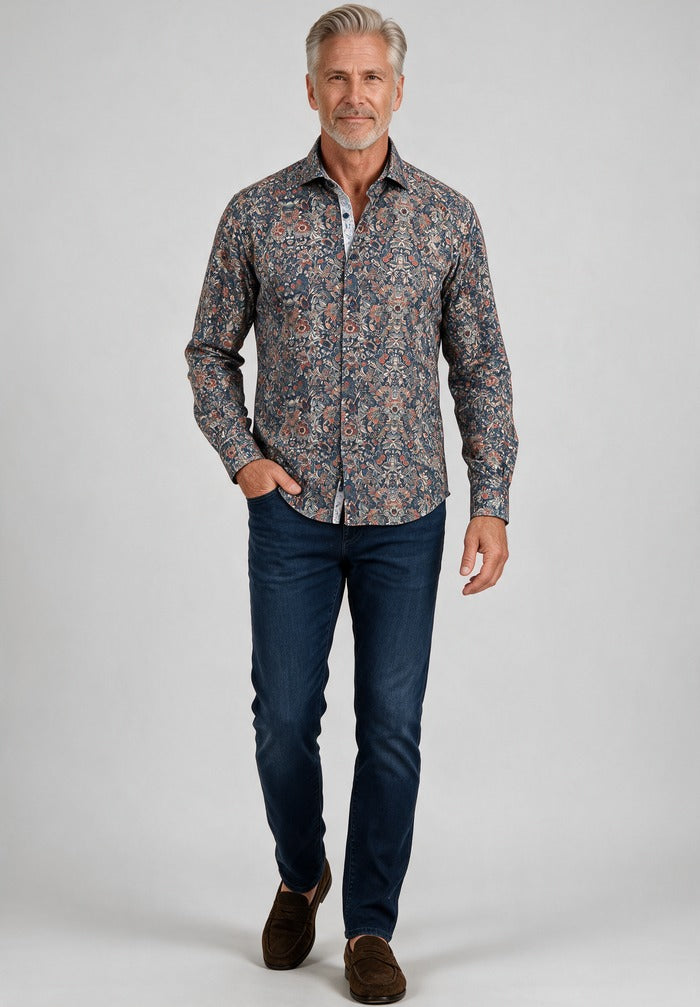 Paul and Shark Floral Shirt — worn with denim