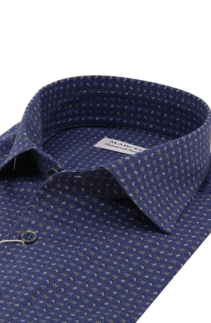 Marcello Navy Print Long Sleeve Shirt For Men W086R