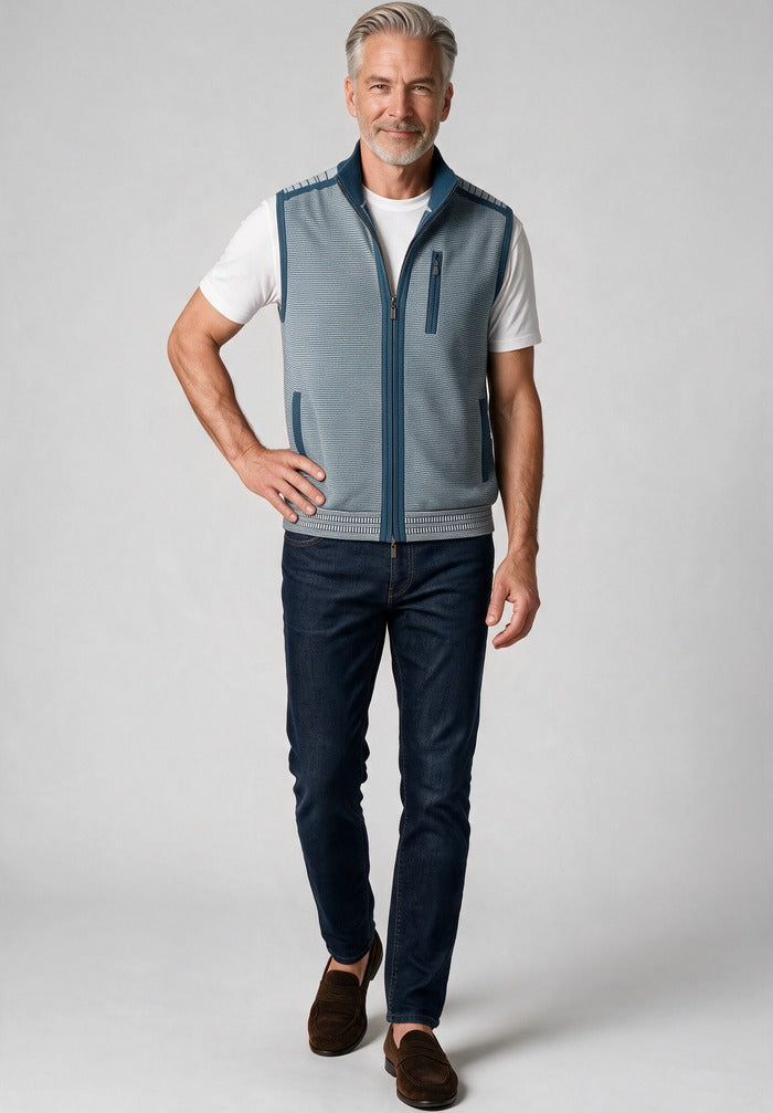 St. Croix Milano Rib Multi-Pocket Vest, Blue Danube – worn with denim