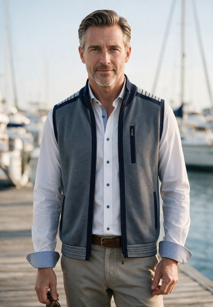 St. Croix Milano Rib Multi-Pocket Vest, Seaport Navy – styled with a white shirt