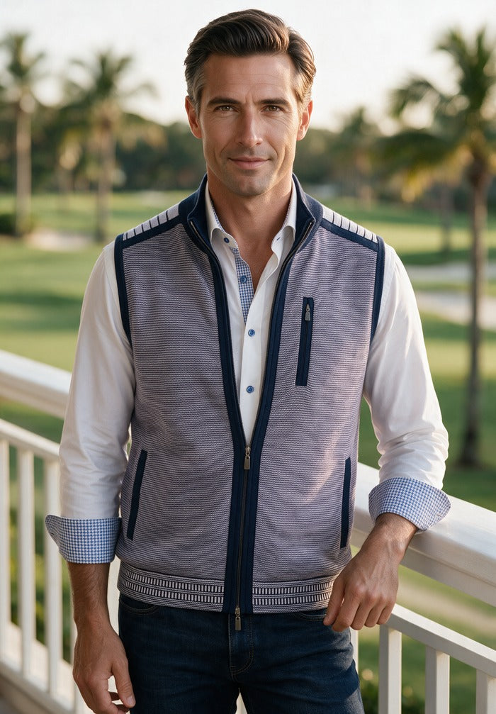 St. Croix Milano Rib Multi-Pocket Vest, Shade Purple – styled with a white shirt