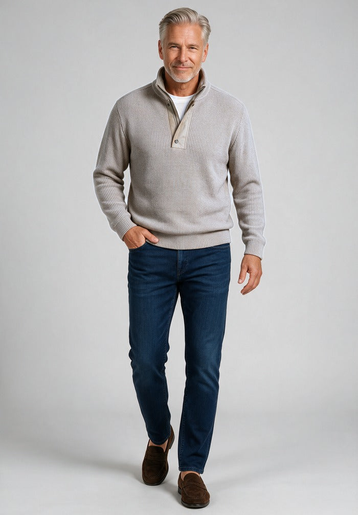 Paul & Shark Typhoon Re4x4 Half-Zip, Beige — worn with denim