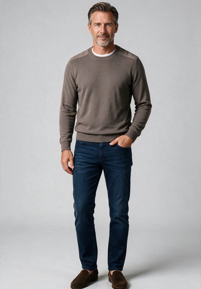 Paul & Shark Merino Extrafine Crewneck, Taupe/Espresso — worn with denim