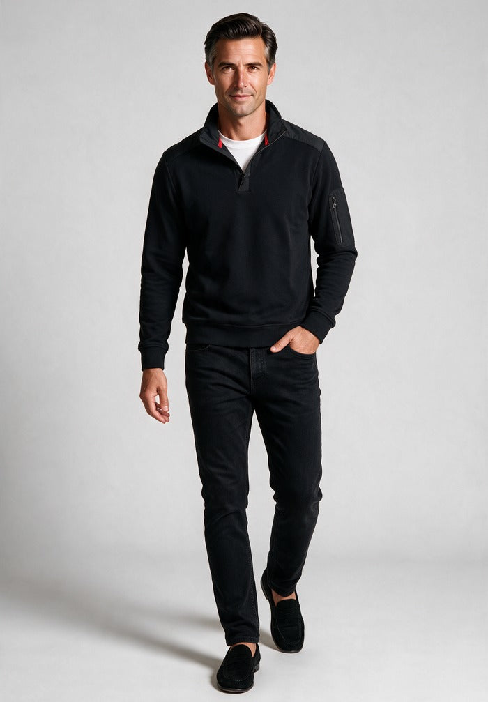 Paul & Shark Xsoft Fleece Half-Zip, Black — worn with black denim