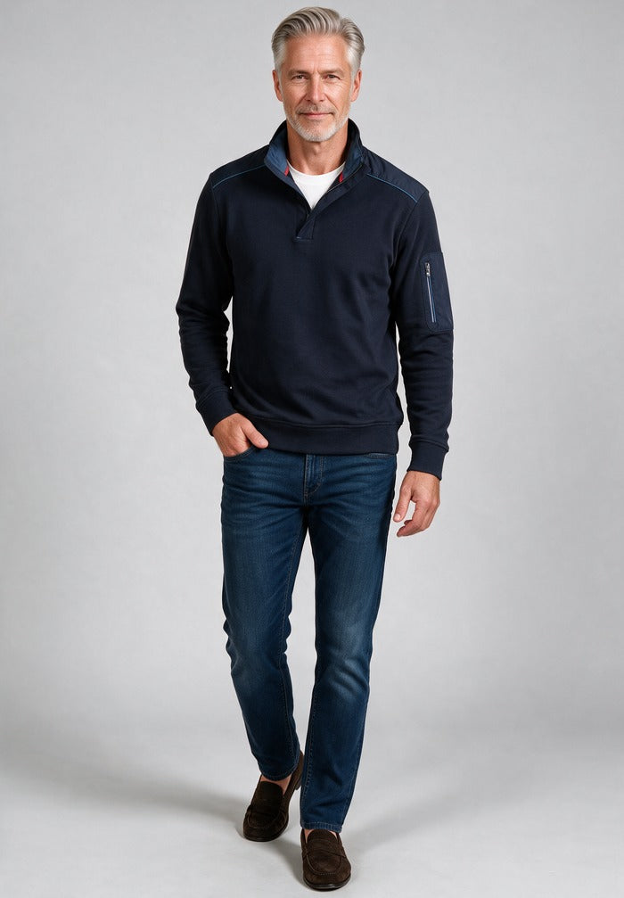 Paul & Shark Xsoft Fleece Half-Zip, Blue — worn with denim