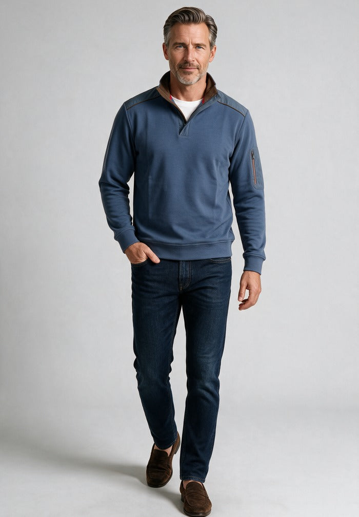 Paul & Shark Xsoft Fleece Half-Zip, Cadet Blue — worn with denim